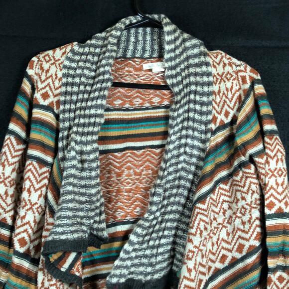 Belle De Jour Womens Sweater Multicolored Aztec Waterfall Open Front Cardigan S - Picture 2 of 11